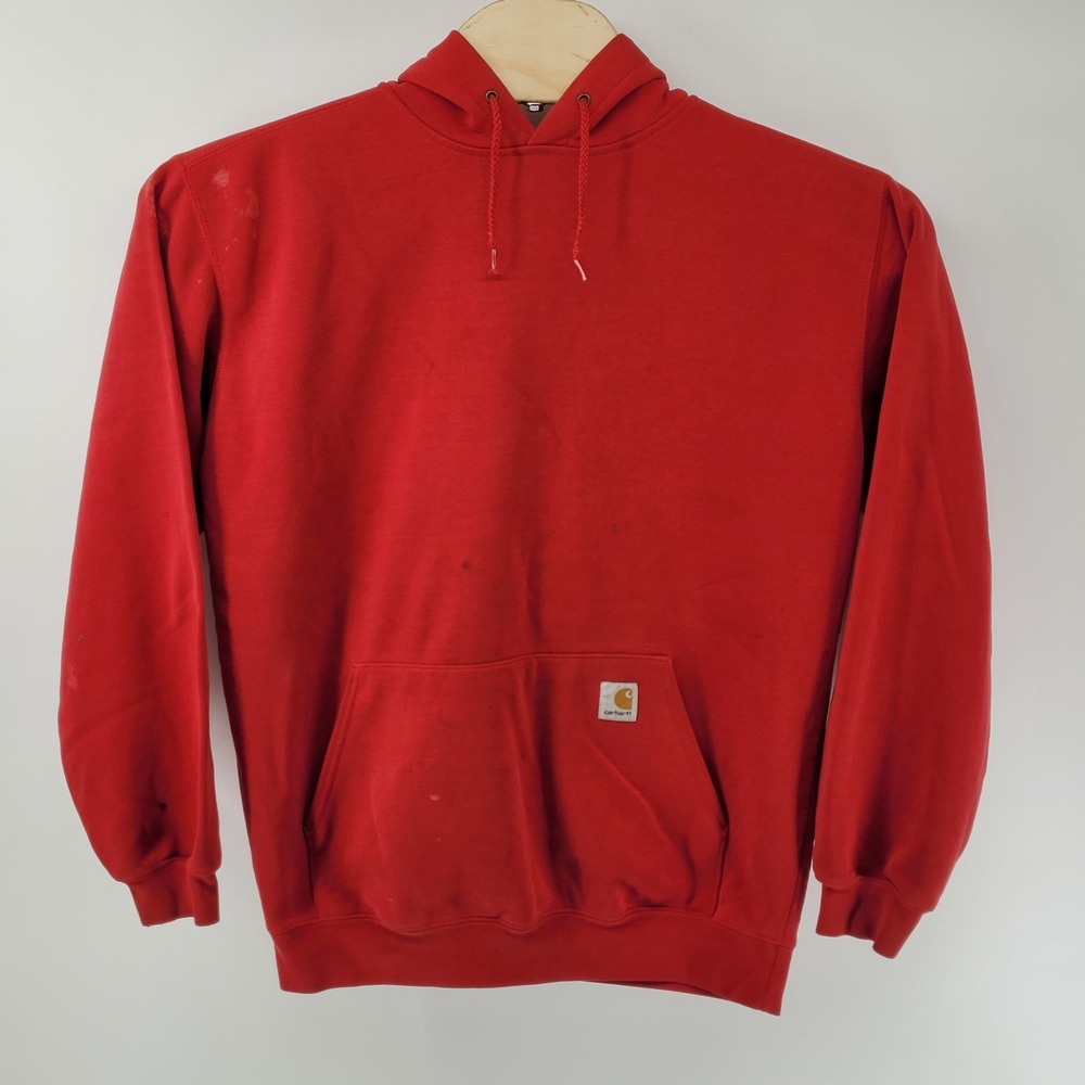 Carhartt K121 Pullover Hoodie Mens Medium Red Distressed Workwear Sweatshirt